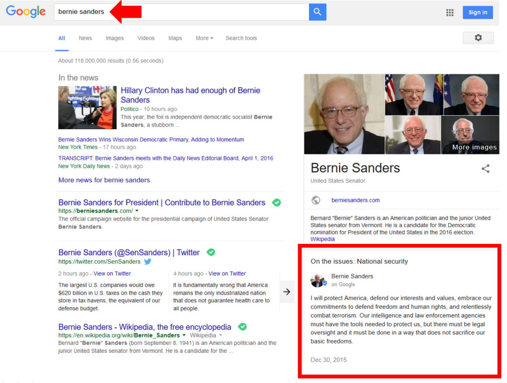 Google Posts - an example - Bernie Sanders - alberto pozzi